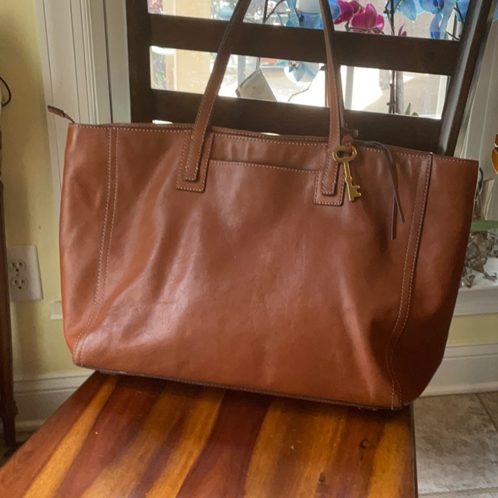 Fossil dark tan Leather Tote Bag